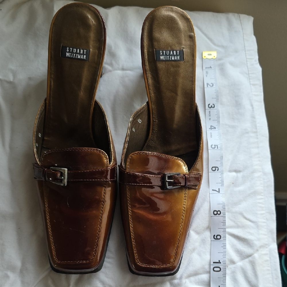 Stuart Weitzman Copper Tan Patent Leather Womens Mule Loafers 9B